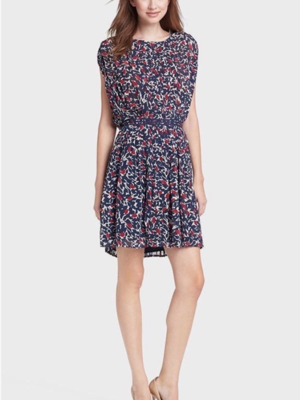 Joie Halsette Navy Silk Pleated Blouson Floral Fit & Flare Dress